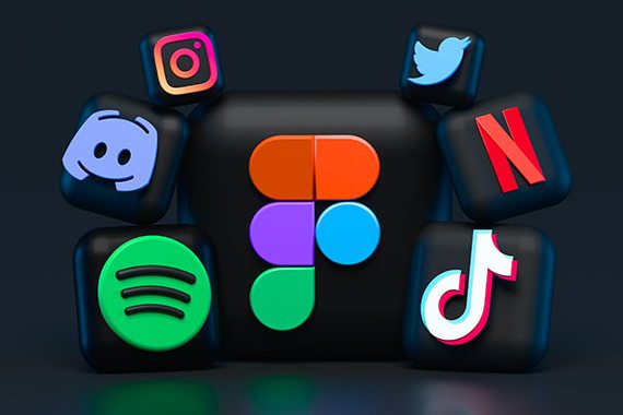 3D app icons around the Figma design tool logo