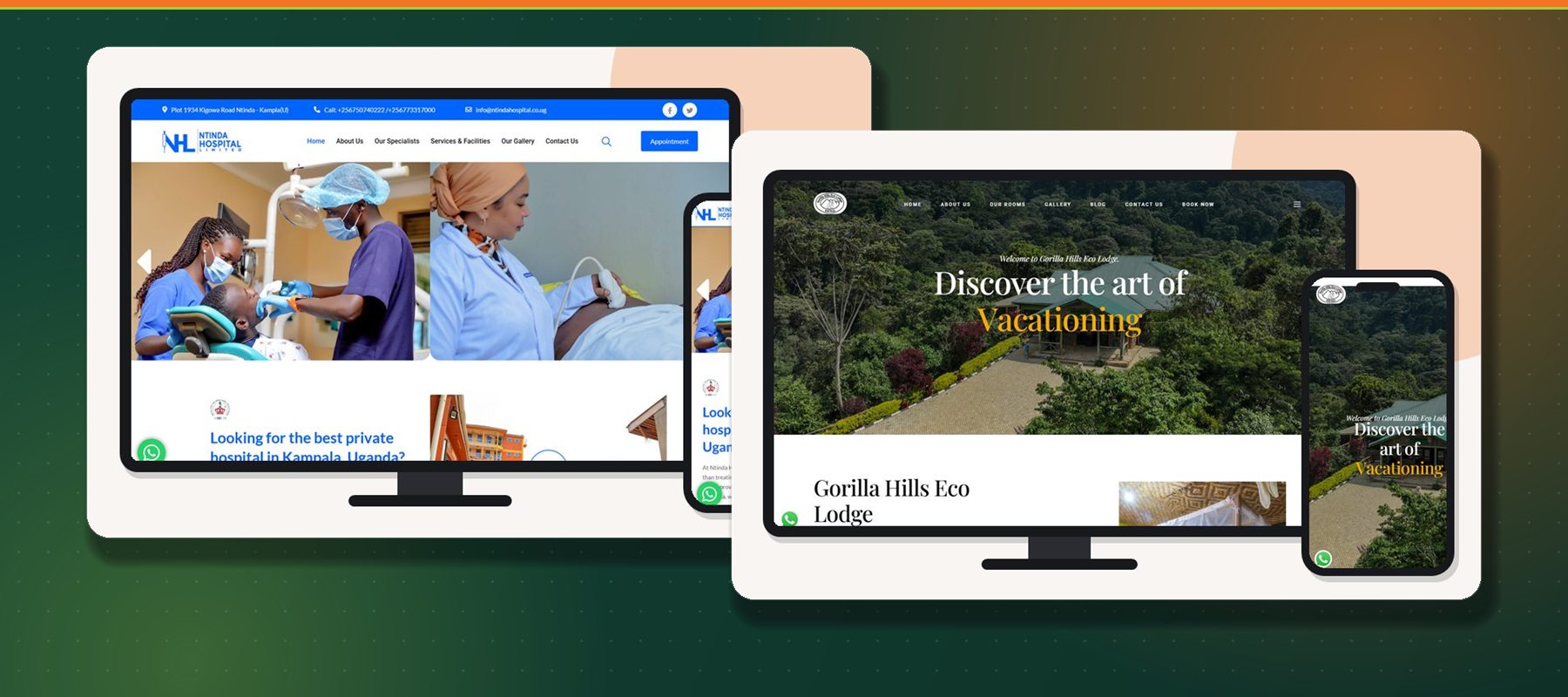Websites designed by Generation Solutions for Ntinda Hospital and Gorilla Hills Eco Lodge, shown on desktop and mobile