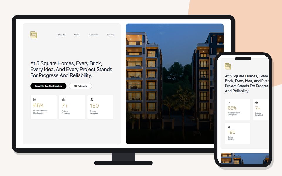 5 Square Homes website shown on a desktop monitor and a mobile phone