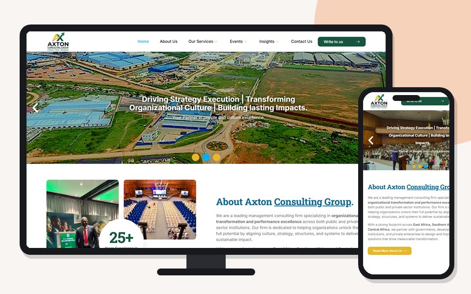 Axton Consulting Group website shown on a desktop monitor and a mobile phone