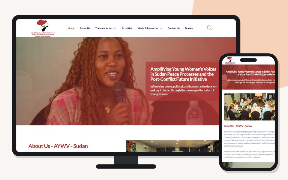 Amplifying Young Women’s Voices (AYWV) Sudan website shown on a desktop monitor and a mobile phone