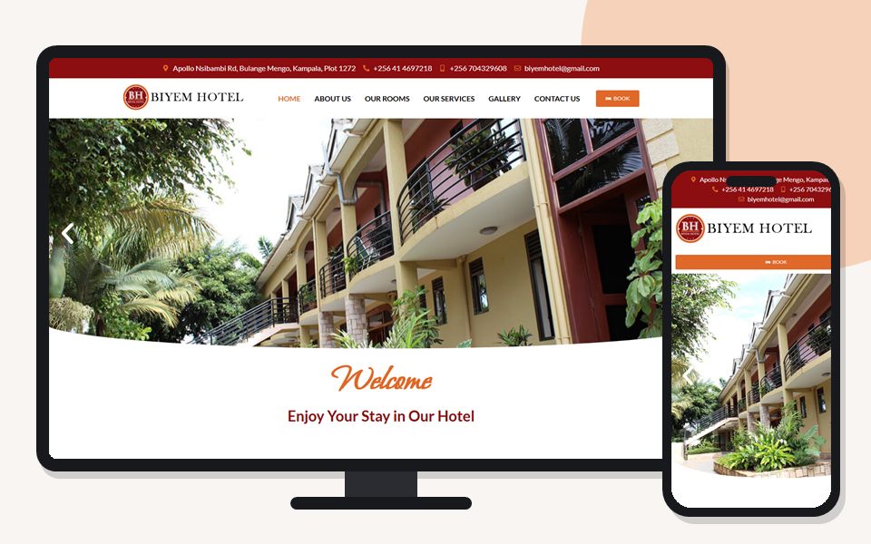 Biyem Hotel website shown on a desktop monitor and a mobile phone