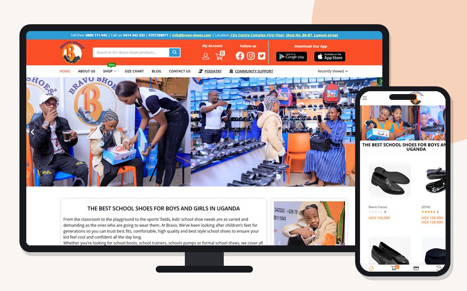 Bravo Shoes website shown on a desktop monitor and a mobile phone