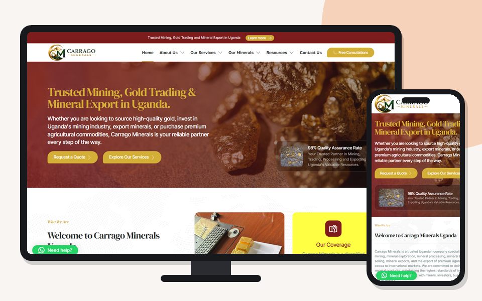 Carrago Minerals website shown on a desktop monitor and a mobile phone