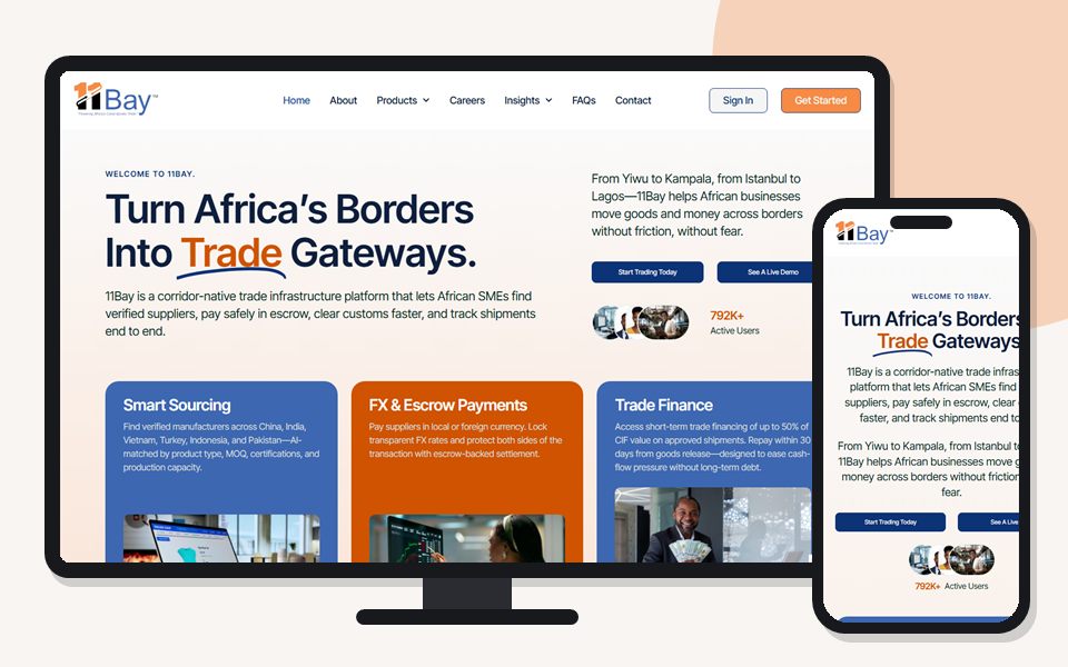 11Bay Corporate website shown on a desktop monitor and a mobile phone