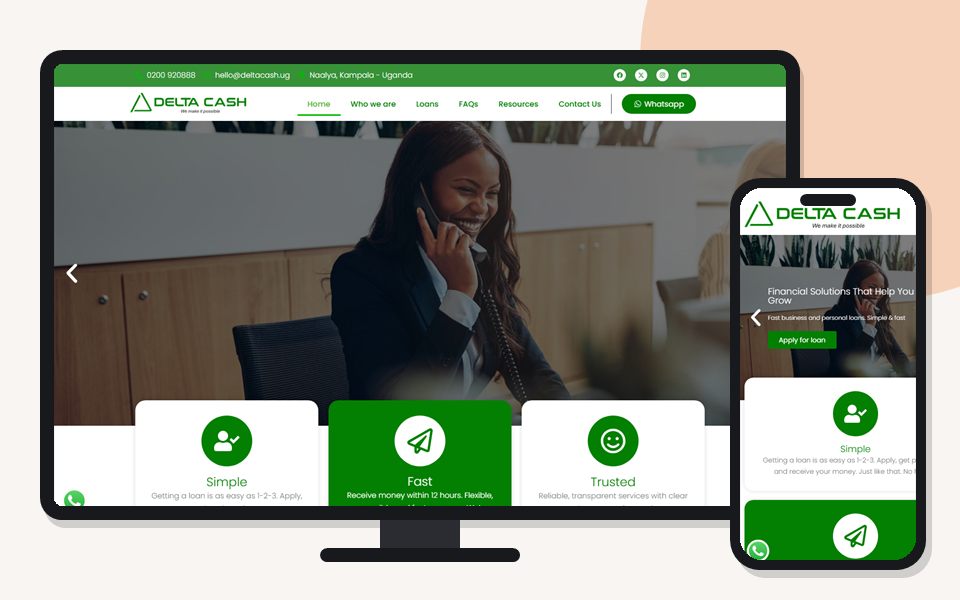 Delta Cash Uganda website shown on a desktop monitor and a mobile phone