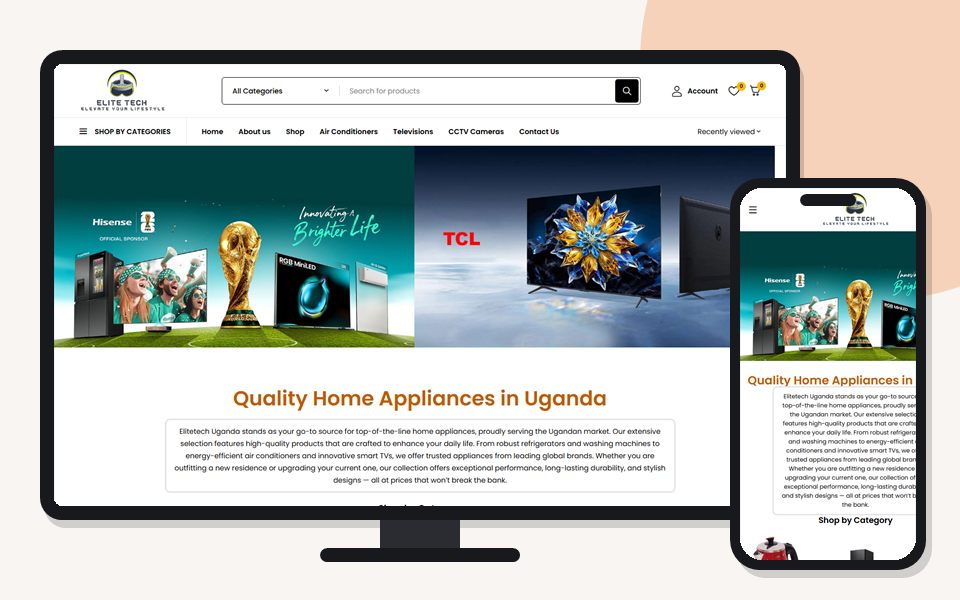 Elite Tech Uganda website shown on a desktop monitor and a mobile phone