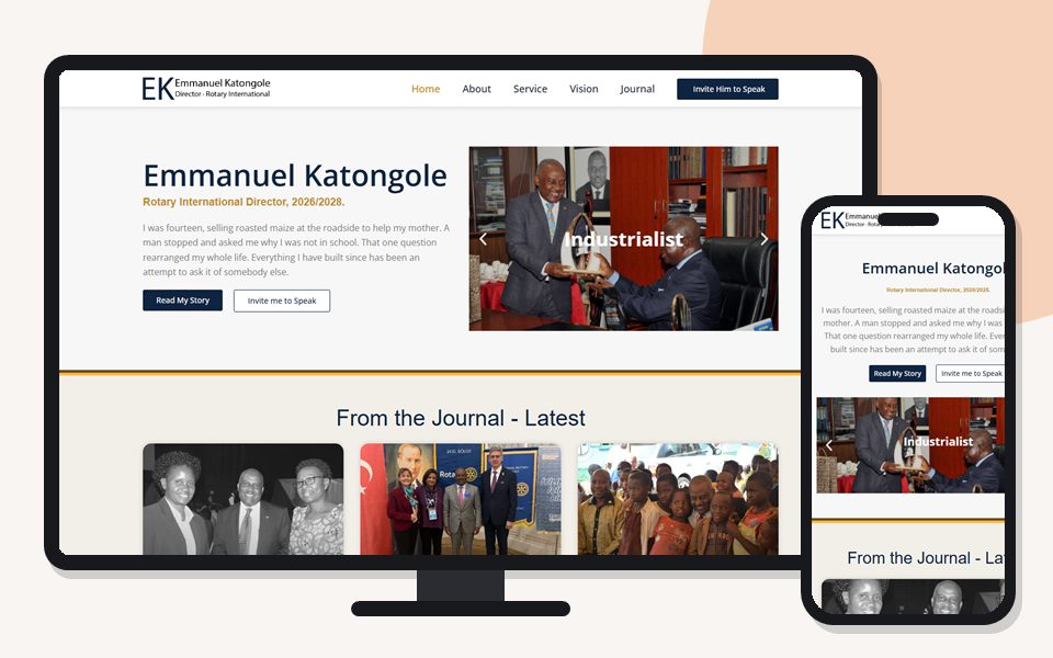 Emmanuel Katongole website shown on a desktop monitor and a mobile phone