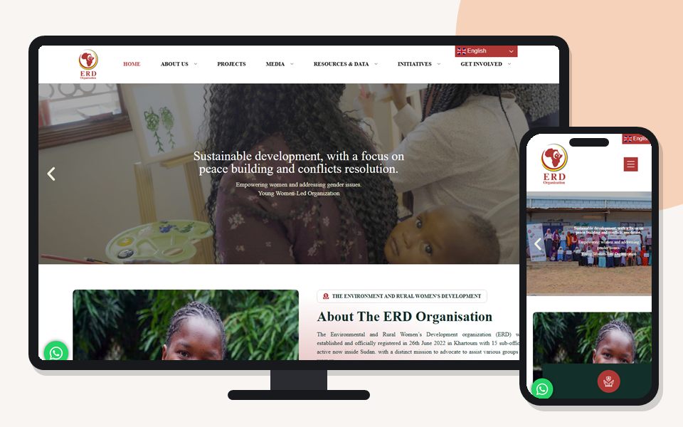 Environment & Rural Women’s Development Organization website shown on a desktop monitor and a mobile phone