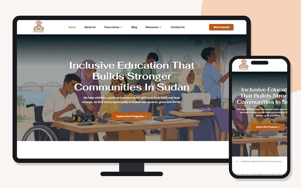 Education for Sustainable Communities Organization website shown on a desktop monitor and a mobile phone