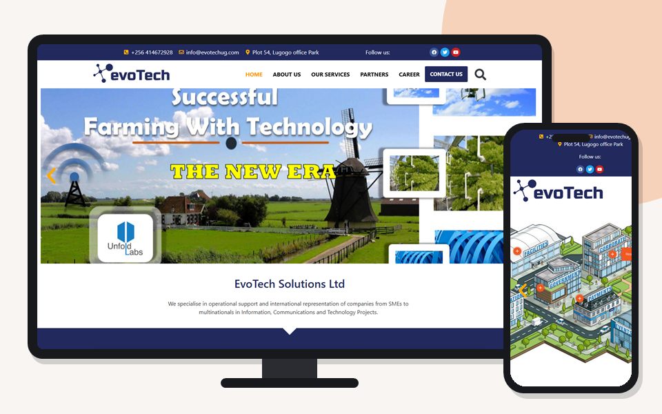 Evotech Uganda website shown on a desktop monitor and a mobile phone
