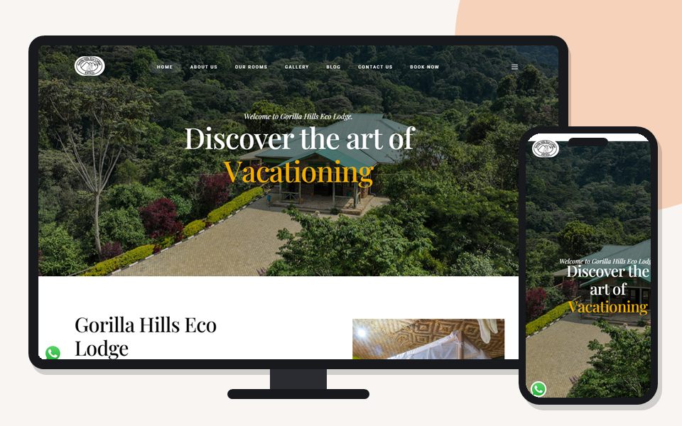Gorilla Hills Eco Lodge website shown on a desktop monitor and a mobile phone