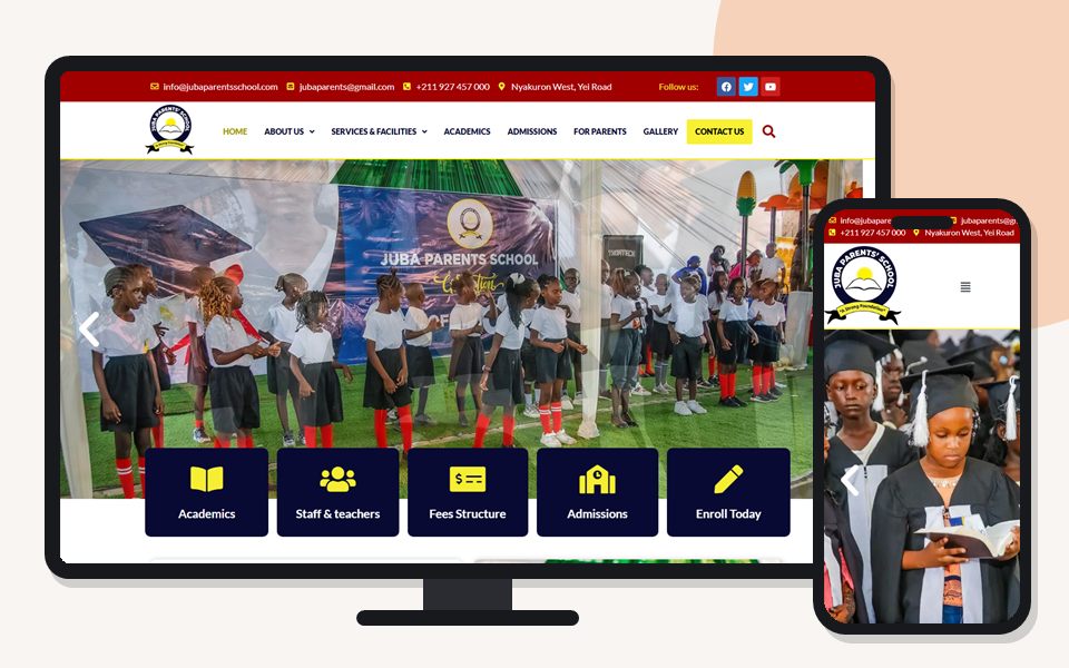 Juba Parents School website shown on a desktop monitor and a mobile phone