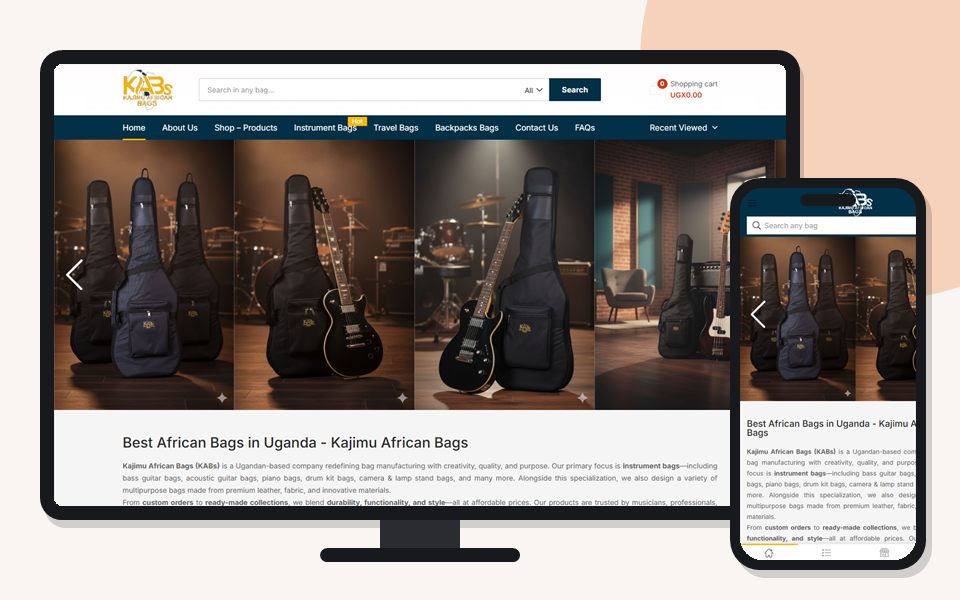 Kajimu African Bags website shown on a desktop monitor and a mobile phone