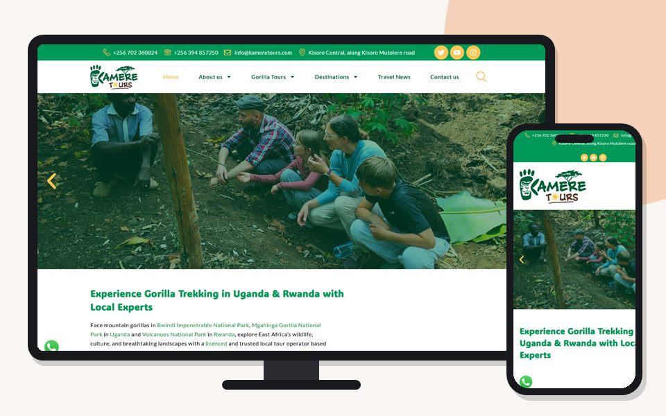 Kamere Tours website shown on a desktop monitor and a mobile phone