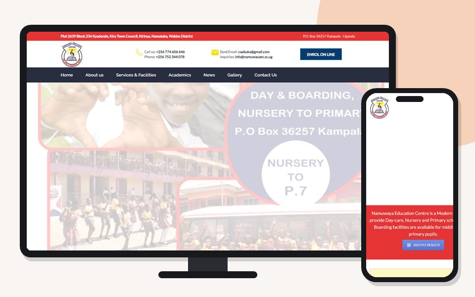 Namuwaya Education Centre website shown on a desktop monitor and a mobile phone