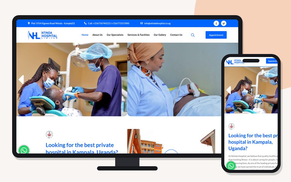 Ntinda Hospital website shown on a desktop monitor and a mobile phone