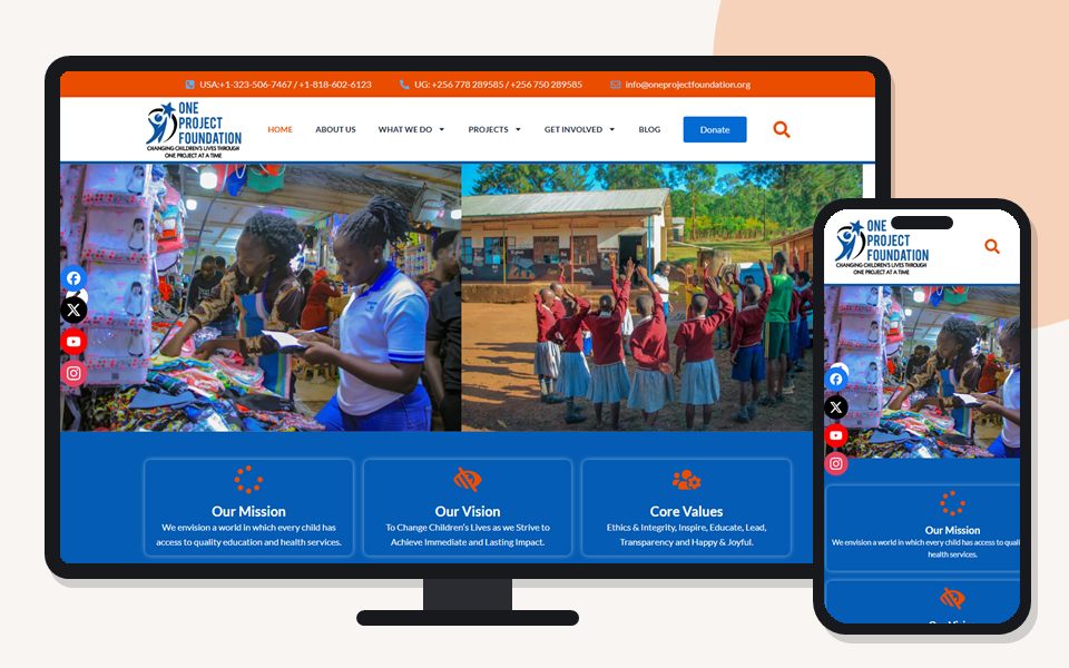 One Project Foundation website shown on a desktop monitor and a mobile phone