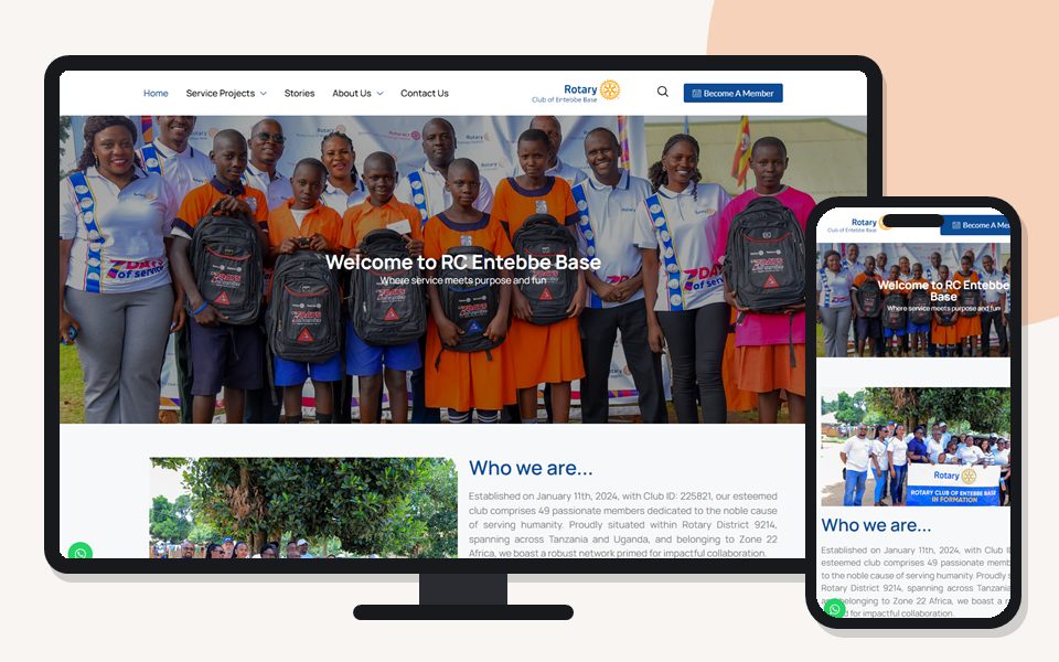 Rotary Club of Entebbe Base website shown on a desktop monitor and a mobile phone