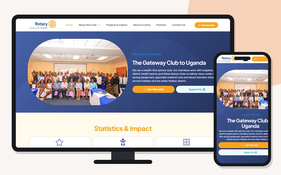 Rotary Club of Entebbe website shown on a desktop monitor and a mobile phone