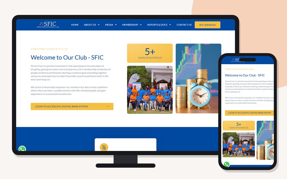 Stress Free Investment Club website shown on a desktop monitor and a mobile phone