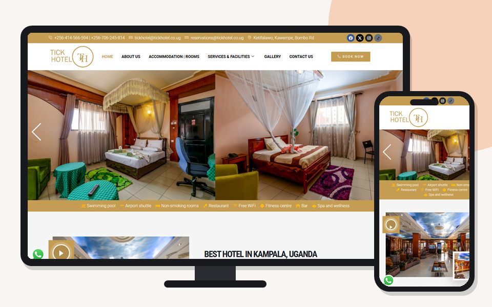 Tick Hotel website shown on a desktop monitor and a mobile phone