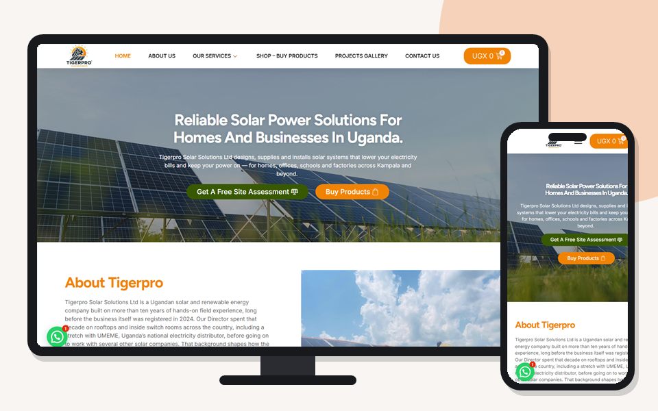 Tiger Pro Solar Uganda website shown on a desktop monitor and a mobile phone