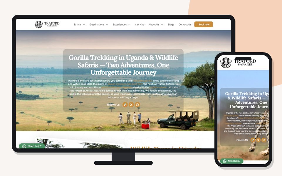 Traford Safaris website shown on a desktop monitor and a mobile phone