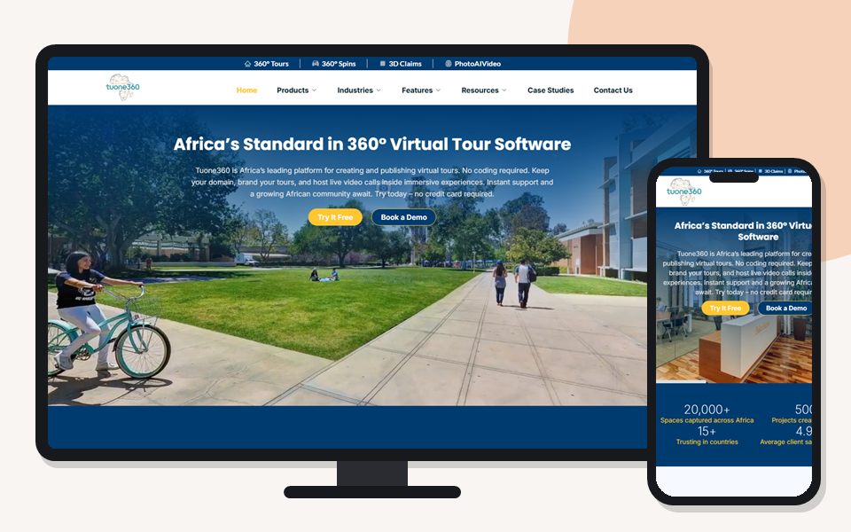 Tuone360 website shown on a desktop monitor and a mobile phone
