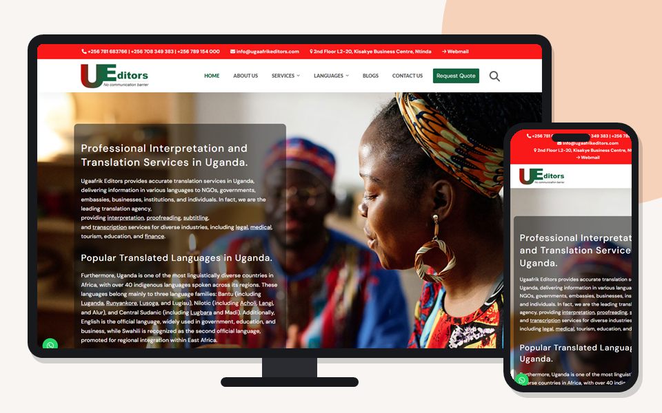 Ugaafrik Editors website shown on a desktop monitor and a mobile phone
