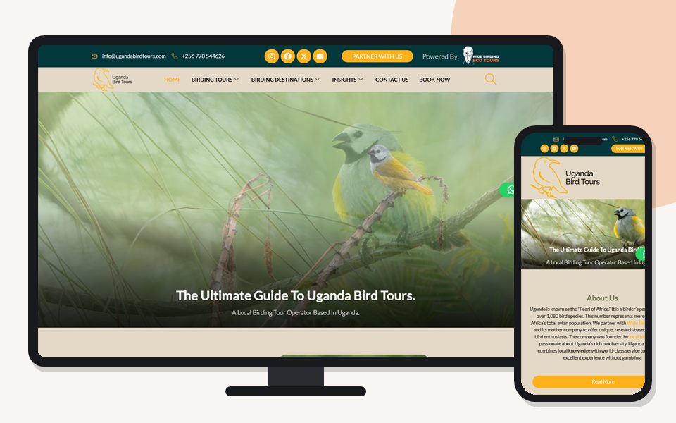 Uganda Bird Tours website shown on a desktop monitor and a mobile phone