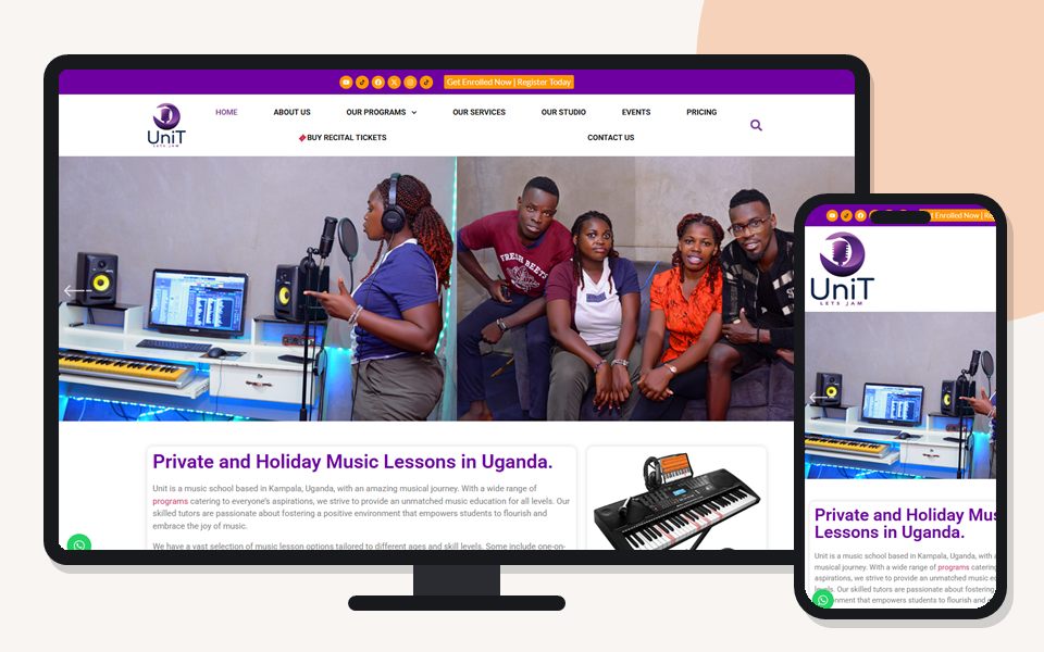 Unit School of Music website shown on a desktop monitor and a mobile phone
