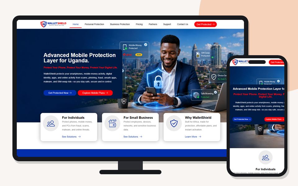 Wallet Shield website shown on a desktop monitor and a mobile phone