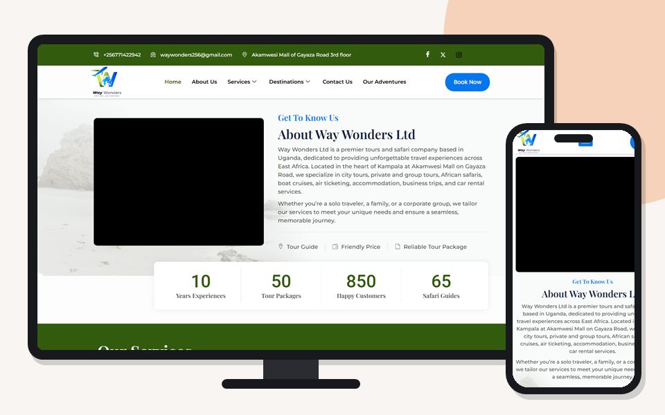 WayWonders Africa website shown on a desktop monitor and a mobile phone