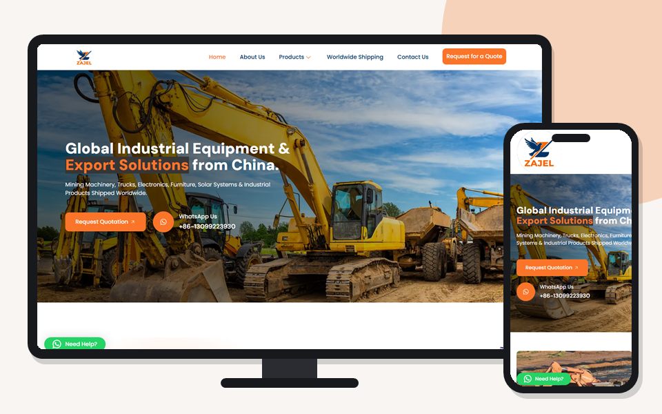 Zajel Import & Export website shown on a desktop monitor and a mobile phone